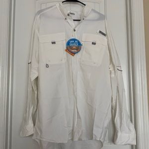 Men’s white Columbia PFG Long Sleeve Shirt.